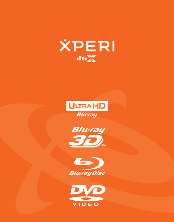 Xperi DTS product artwork with Ultra HD Blu-ray, Blu-ray 3D, Blu-ray Disc, and DVD-Video marks